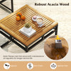 Close-up of the acacia wood tabletop on a patio side table, showcasing its natural finish and robust design for outdoor.