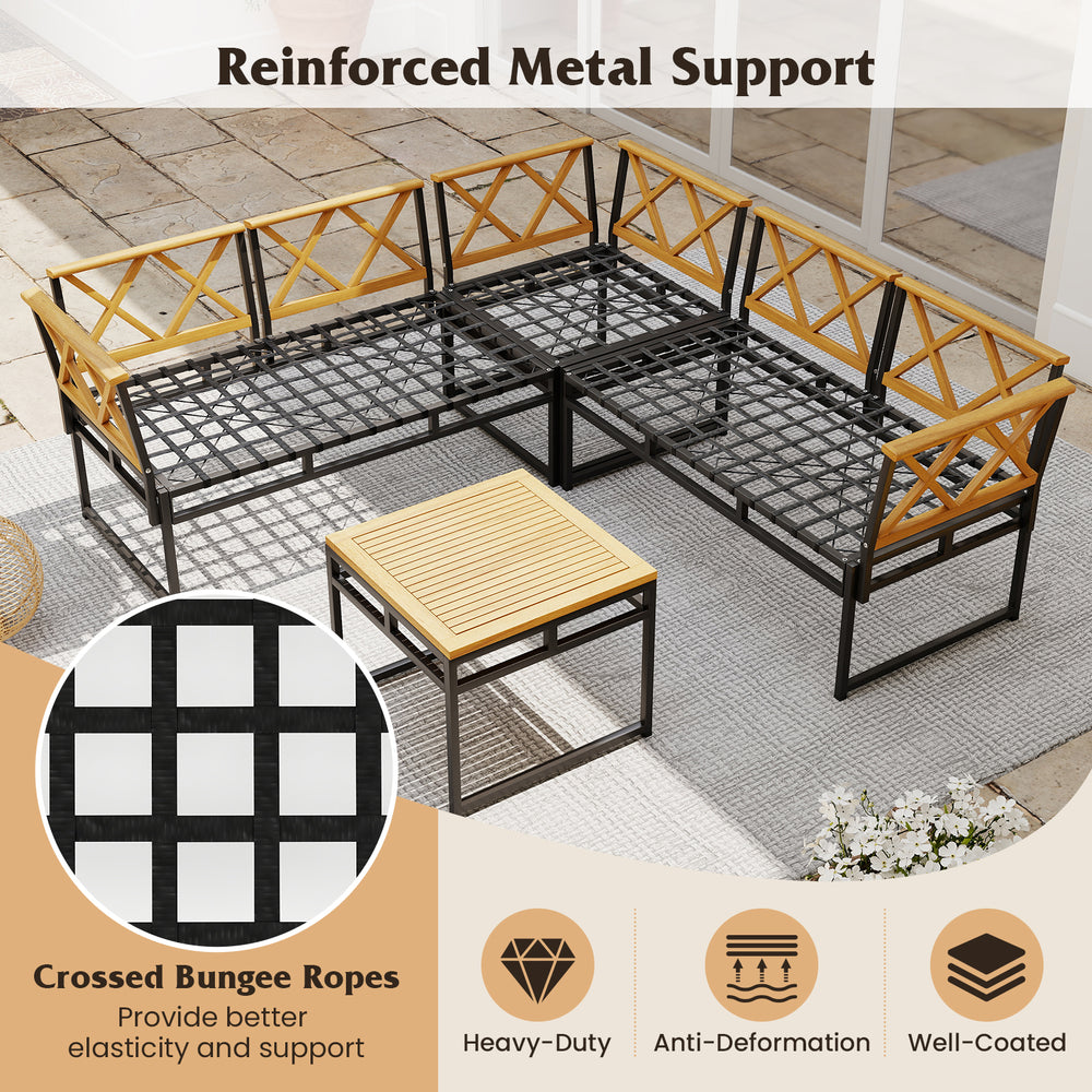L-shaped patio sofa set with brown cushions, sturdy metal frame, and acacia wood armrests for backyard relaxation.
