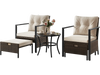4-piece outdoor furniture set featuring white cushioned chairs, a glass-topped coffee table, and versatile ottomans for.