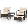 Two cushioned chairs and an ottoman with a glass-topped coffee table, made of durable PE rattan for outdoor use.