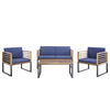 4-piece patio conversation set featuring acacia wood frame and navy soft cushions, ideal for backyard or garden use.