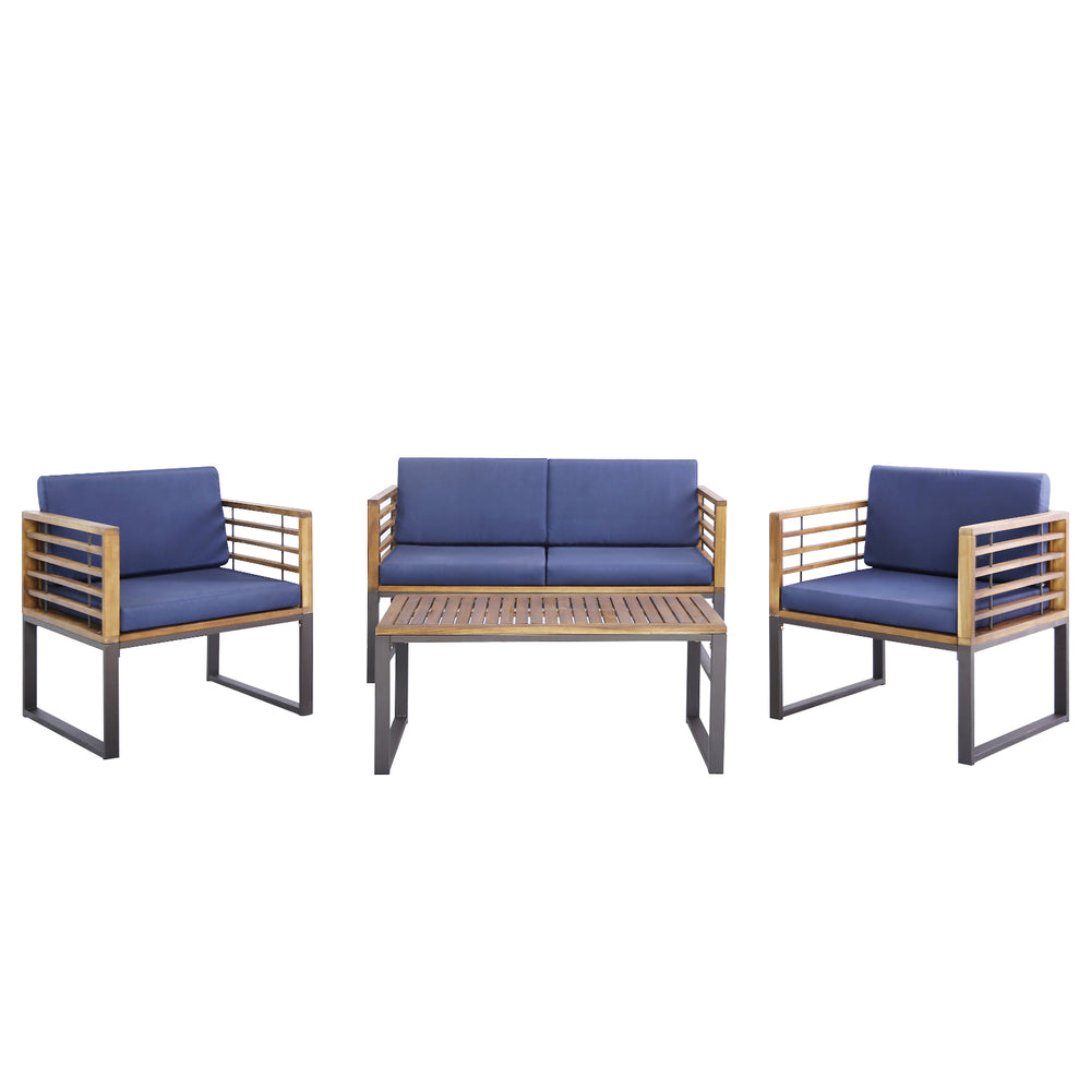 4-piece patio conversation set featuring acacia wood frame and navy soft cushions, ideal for backyard or garden use.