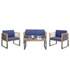 4-piece patio conversation set featuring acacia wood frame and navy soft cushions, perfect for backyard relaxation.