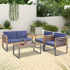 Side view of the 4-piece patio acacia wood conversation set showcasing navy cushions, ideal for garden or poolside.