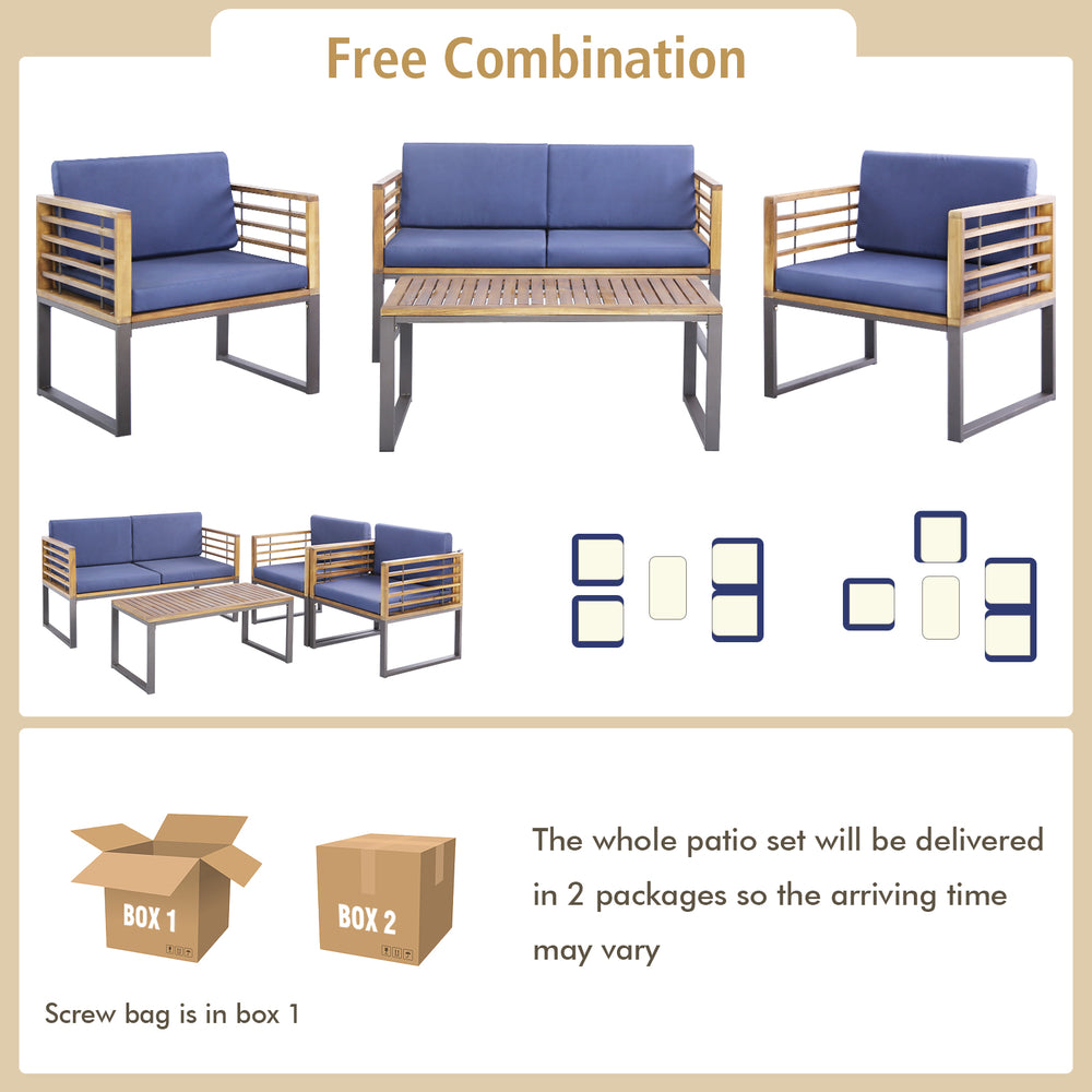 Side view of the acacia wood frame of the 4-piece patio set, showcasing its ergonomic design and navy cushions for.