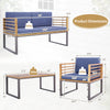 Dimensions of the 4 Piece Patio Acacia Wood Conversation Set with navy cushions, suitable for backyard or garden use.