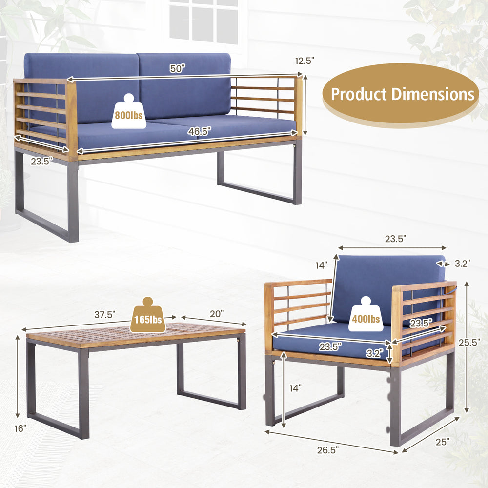 Dimensions of the 4 Piece Patio Acacia Wood Conversation Set with navy cushions, suitable for backyard or garden use.