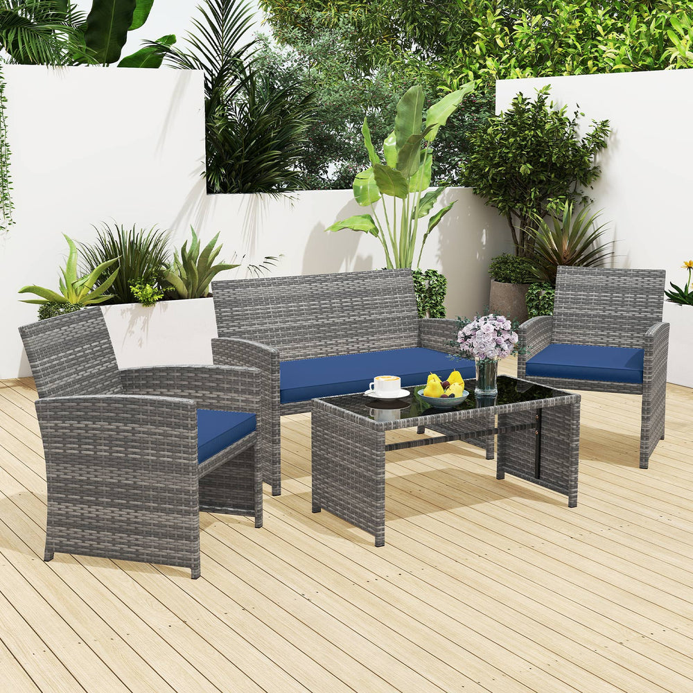 4 Piece Patio Conversation Set Rattan Chair Loveseat and Table Set-Navy - Gallery View 1 of 10