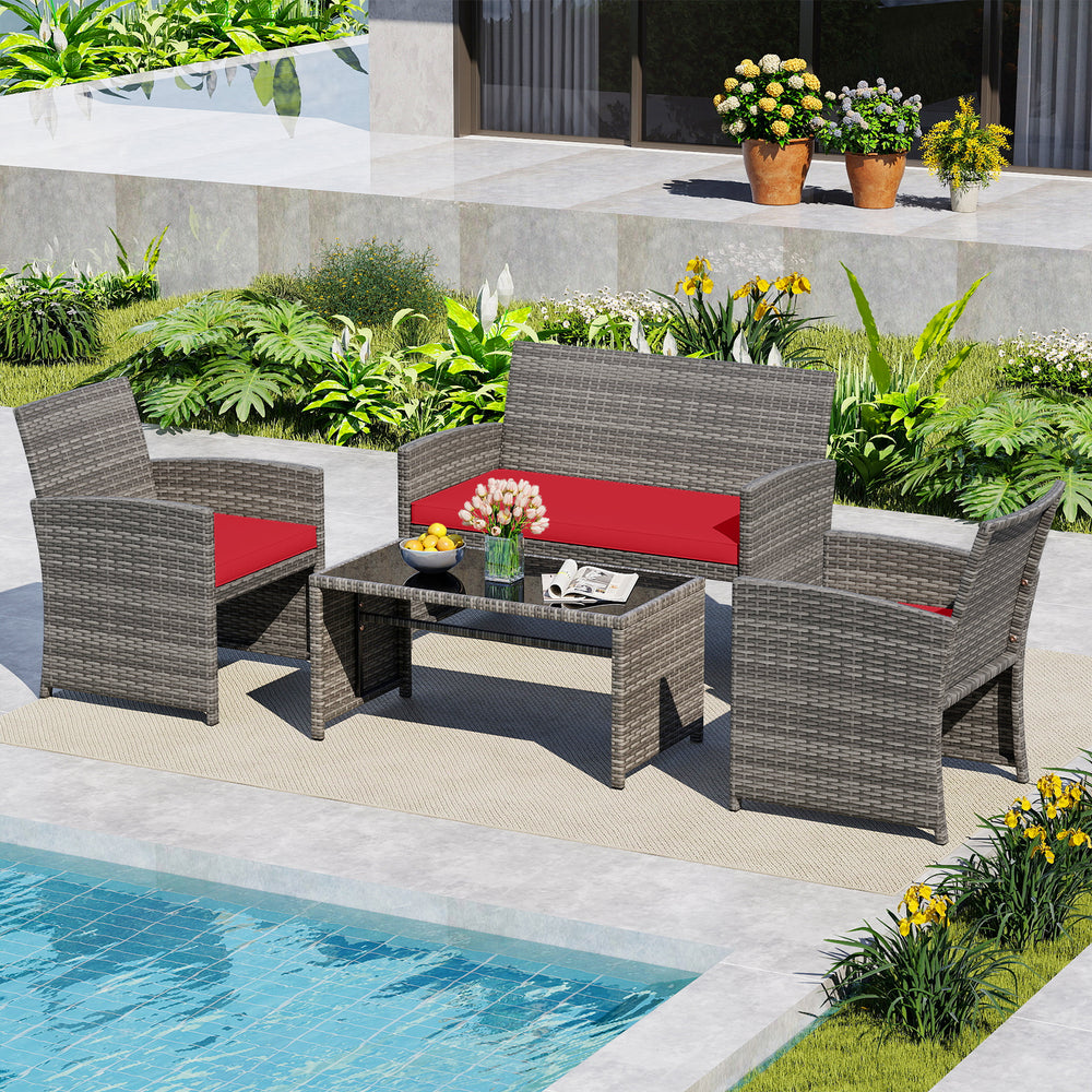 4 Piece Patio Conversation Set Rattan Chair Loveseat and Table Set-Red - Gallery View 1 of 9