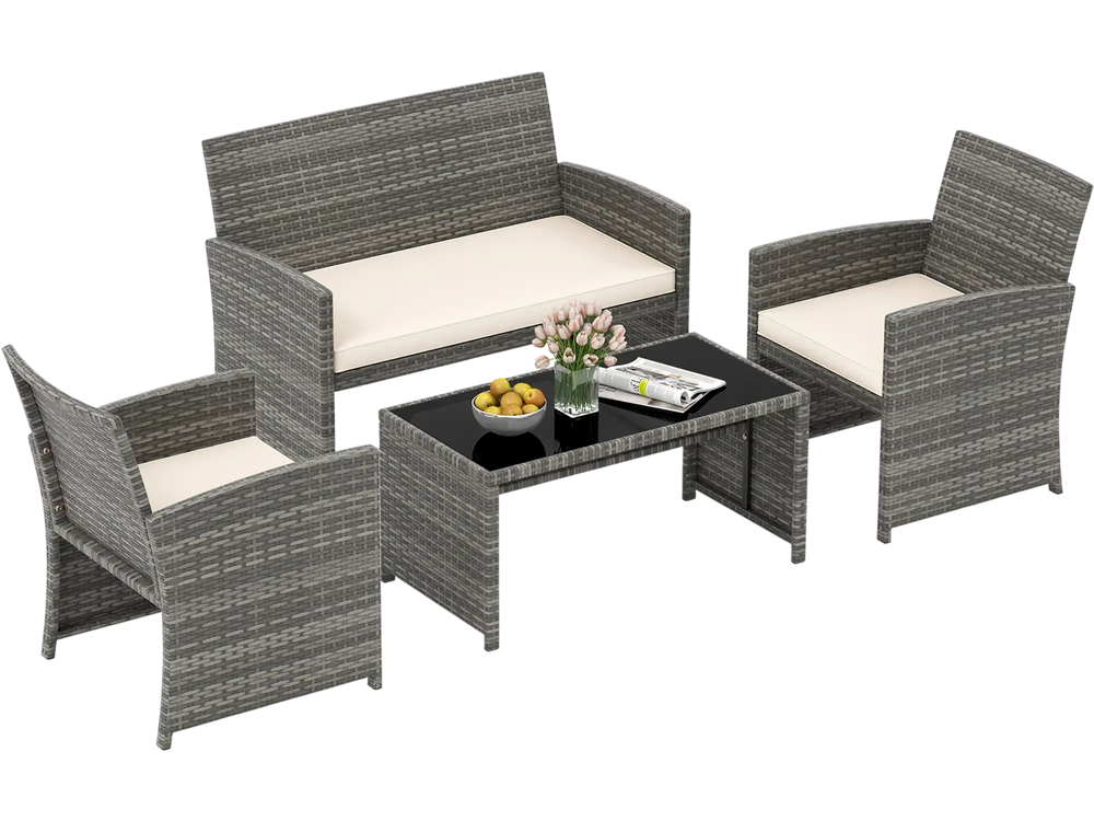 4-piece patio conversation set featuring gray PE rattan chairs and loveseat with off-white cushions, ideal for outdoor.