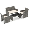 Loveseat from the 4-piece patio conversation set, crafted with gray PE rattan and soft off-white cushions for outdoor.