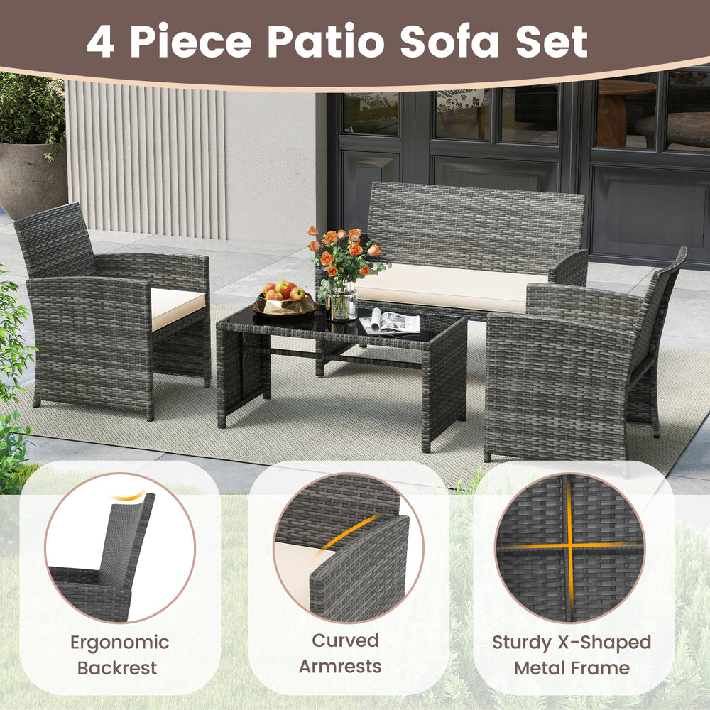 4-piece patio conversation set featuring handwoven gray PE rattan, ergonomic design, and soft cushions for outdoor.