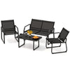 4-piece patio conversation set in black featuring breathable fabric seats and a tempered glass tabletop for outdoor.