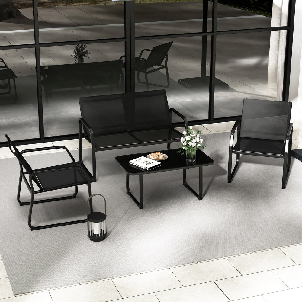 4-piece patio conversation set in black with breathable fabric seats and tempered glass tabletop, perfect for outdoor.