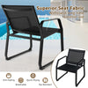 Black patio chair with breathable fabric seat, ergonomic design, and sturdy metal frame for outdoor comfort.
