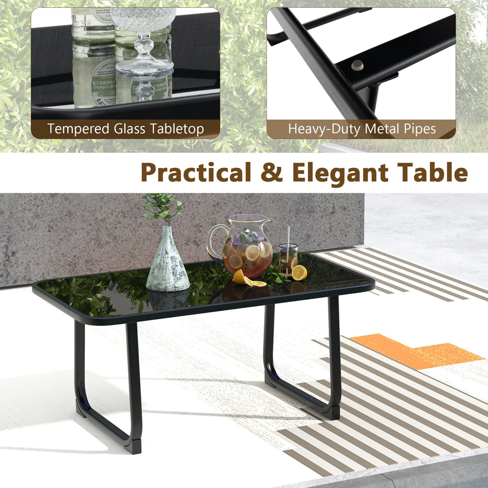 Tempered glass tabletop coffee table with heavy-duty metal pipes, ideal for outdoor patio conversation sets.