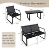 Patio conversation set dimensions showing loveseat, chairs, and coffee table with breathable fabric and tempered glass.