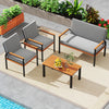 4-piece patio furniture set featuring a loveseat and two chairs with gray cushions and wooden armrests, ideal for.