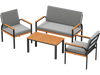 4-piece patio furniture set featuring a loveseat, two chairs, and a slatted coffee table with gray removable cushions.