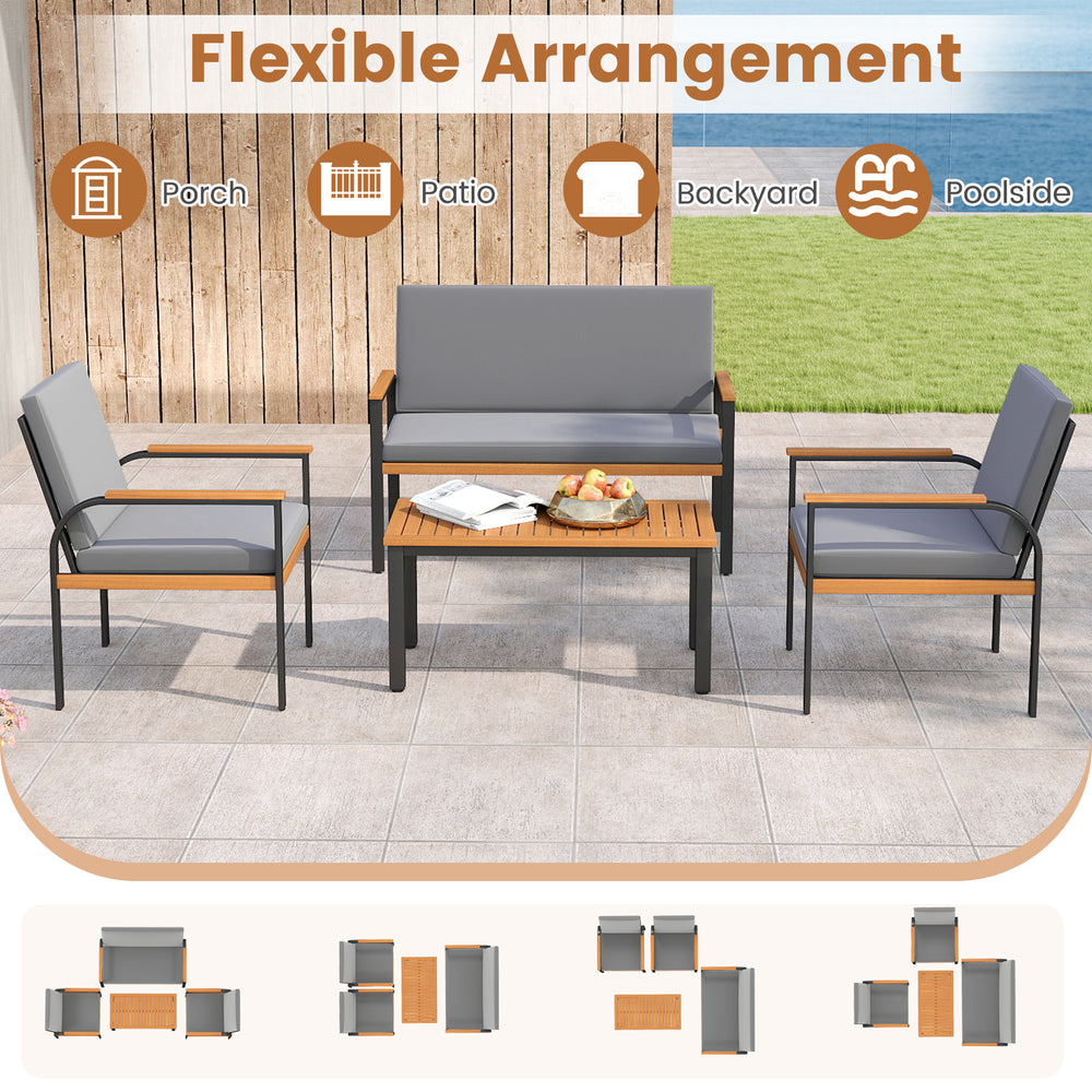 4-piece patio furniture set featuring a loveseat and coffee table with gray removable cushions for outdoor gatherings.
