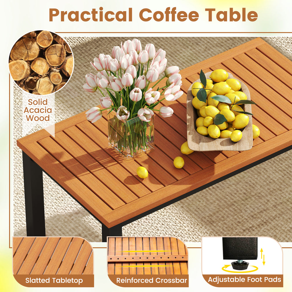 Slatted tabletop detail of a coffee table made from solid acacia wood, ideal for outdoor patio gatherings.