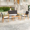 Single acacia wood chair from a 4-piece patio furniture set, featuring soft white cushions and elegant PE rattan design.