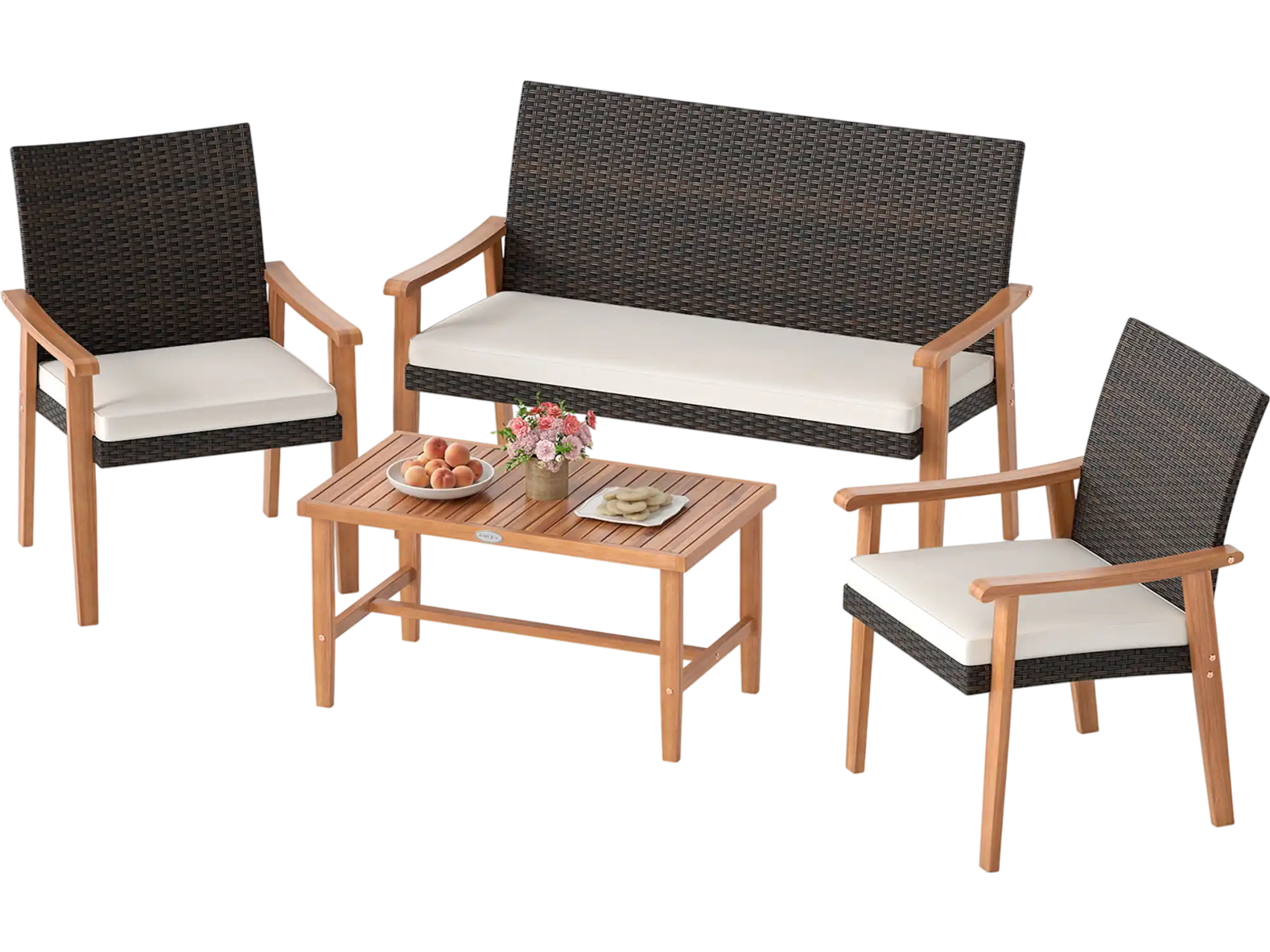 Costway 4-Piece PE Rattan Patio Furniture Set Chairs Acacia Wood Coffee Table Cushions 96169665 New