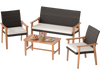 4-piece patio furniture set featuring a loveseat, two chairs, and acacia wood coffee table with soft white cushions.