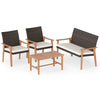 4-piece patio furniture set featuring PE rattan chairs and acacia wood coffee table with soft white cushions for.
