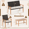 Dimensions of the 4-piece patio furniture set featuring PE rattan chairs and an acacia wood coffee table.