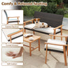 Loveseat from a 4-piece patio furniture set featuring brown PE rattan, acacia wood frame, and soft white cushions for.