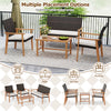 4-piece patio furniture set featuring acacia wood coffee table and PE rattan chairs with soft cushions for outdoor.