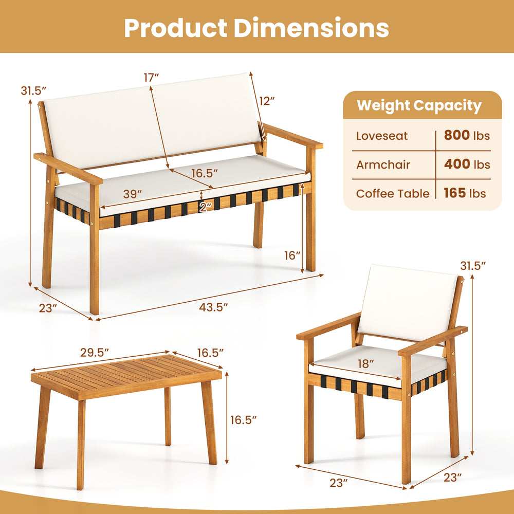 Patio furniture set dimensions showing loveseat, armchair, and coffee table made from solid acacia wood for outdoor use.