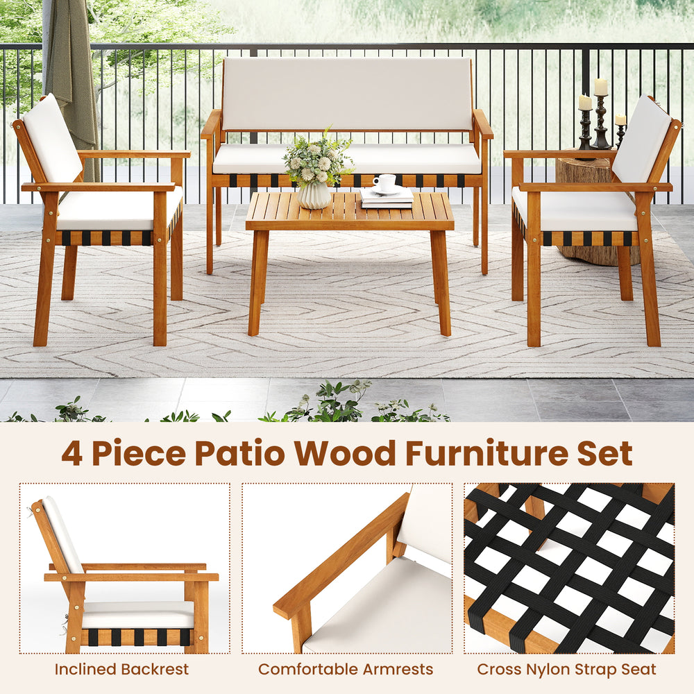 Single acacia wood patio chair with inclined backrest and comfortable armrests, perfect for garden or balcony seating.