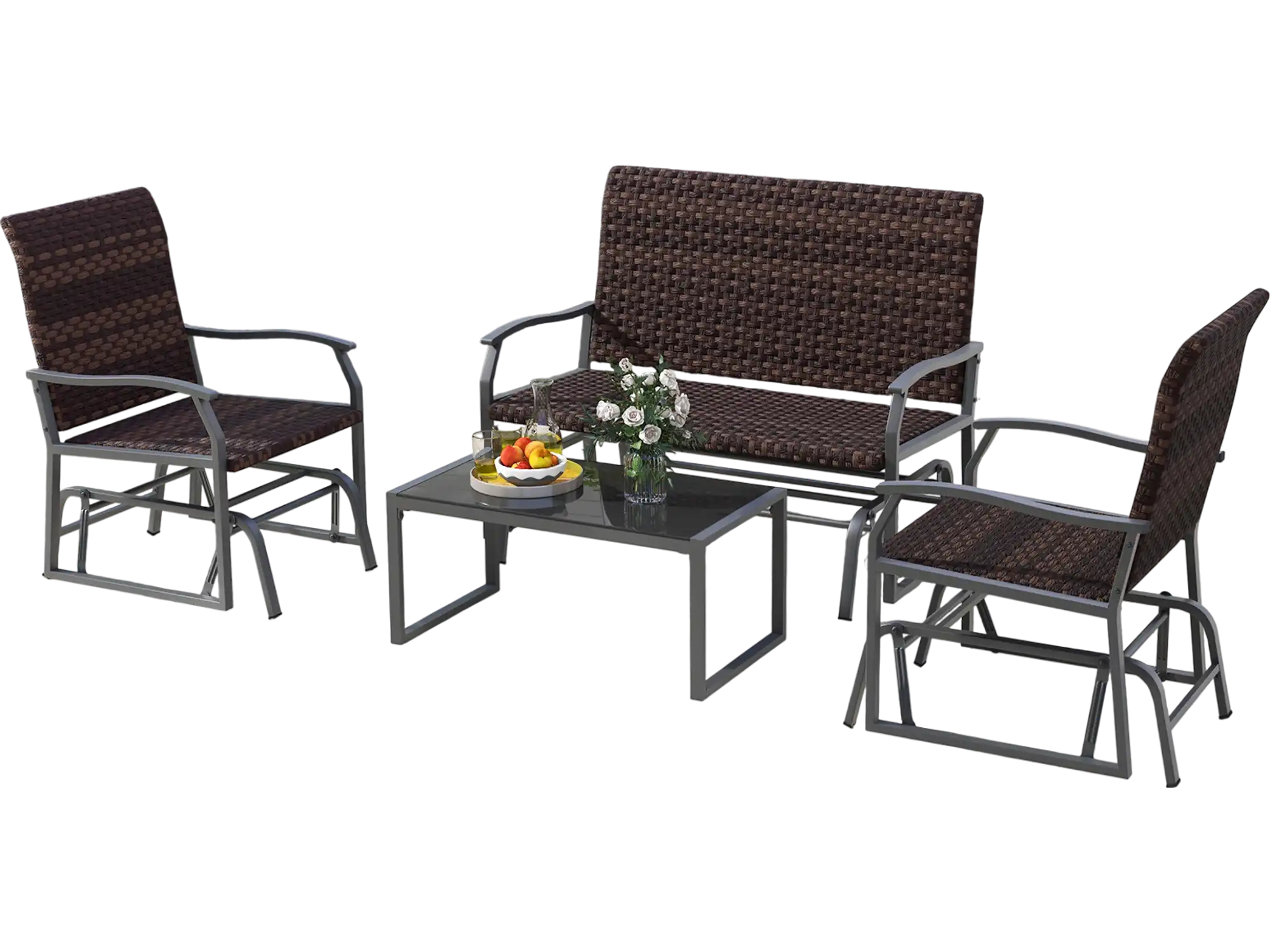 Costway 4-Piece Patio Wicker Glider Furniture Set w/ Tempered Glass Coffee Table Brown 12634957 New