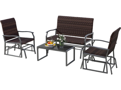 Costway 4-Piece Patio Wicker Glider Furniture Set w/ Tempered Glass Coffee Table Brown 12634957 New