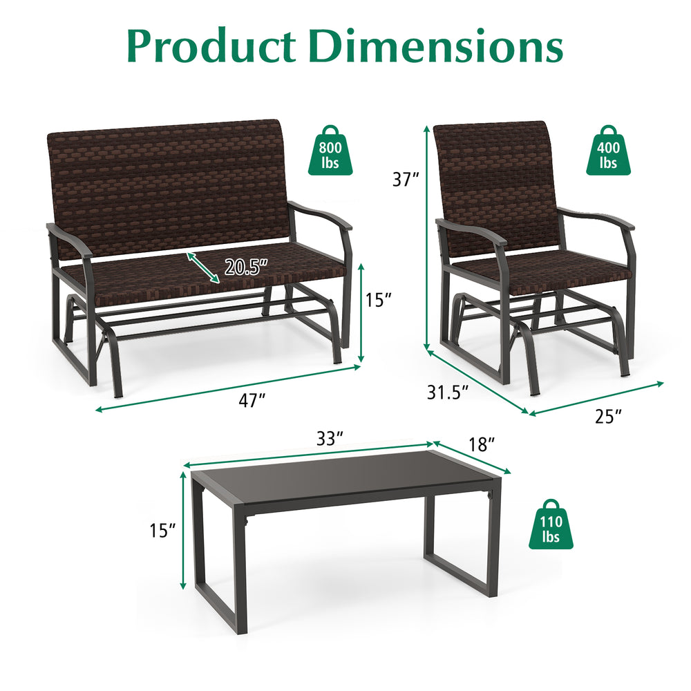 Patio gliding set dimensions showing two chairs and a coffee table, featuring durable wicker and tempered glass for.