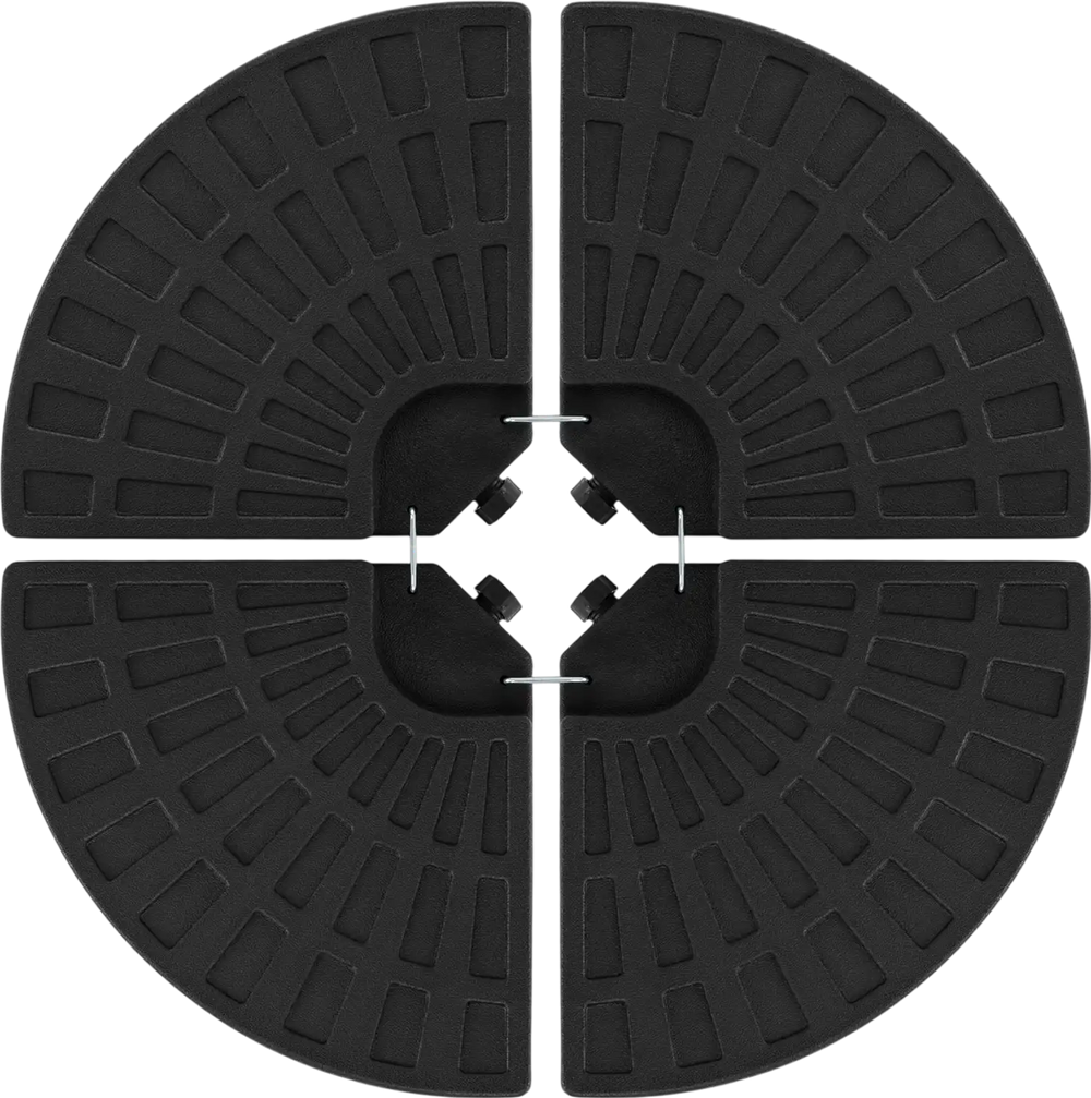 Four interlocking black patio umbrella base plates, 140 lbs total weight, designed for stability and easy setup.