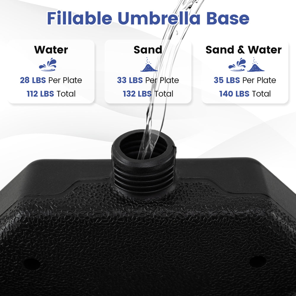 Fillable umbrella base with wide spouts, holding up to 140 lbs for stability, ideal for 9-10 ft patio umbrellas.