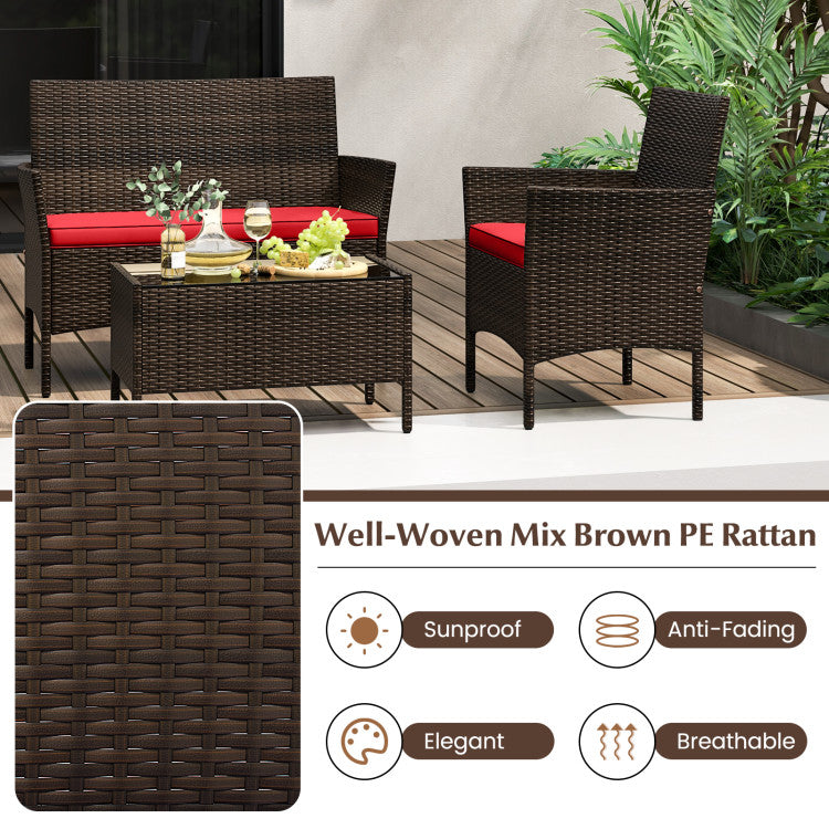 Costway Patio Furniture 4 PCS Rattan Set with Cozy Cushions and Tempered Glass Coffee Table New