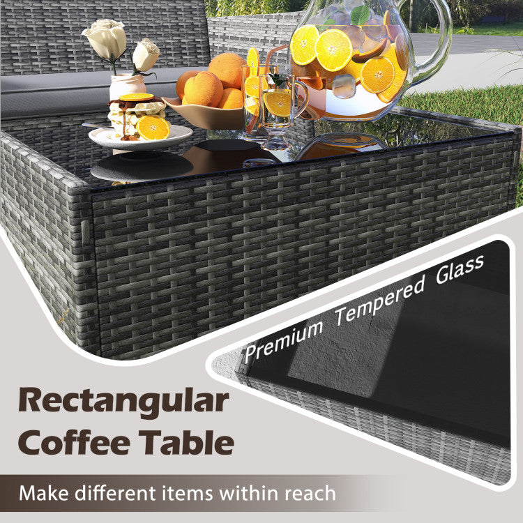 Costway Patio Furniture 4 PCS Rattan Set with Cozy Cushions and Tempered Glass Coffee Table New