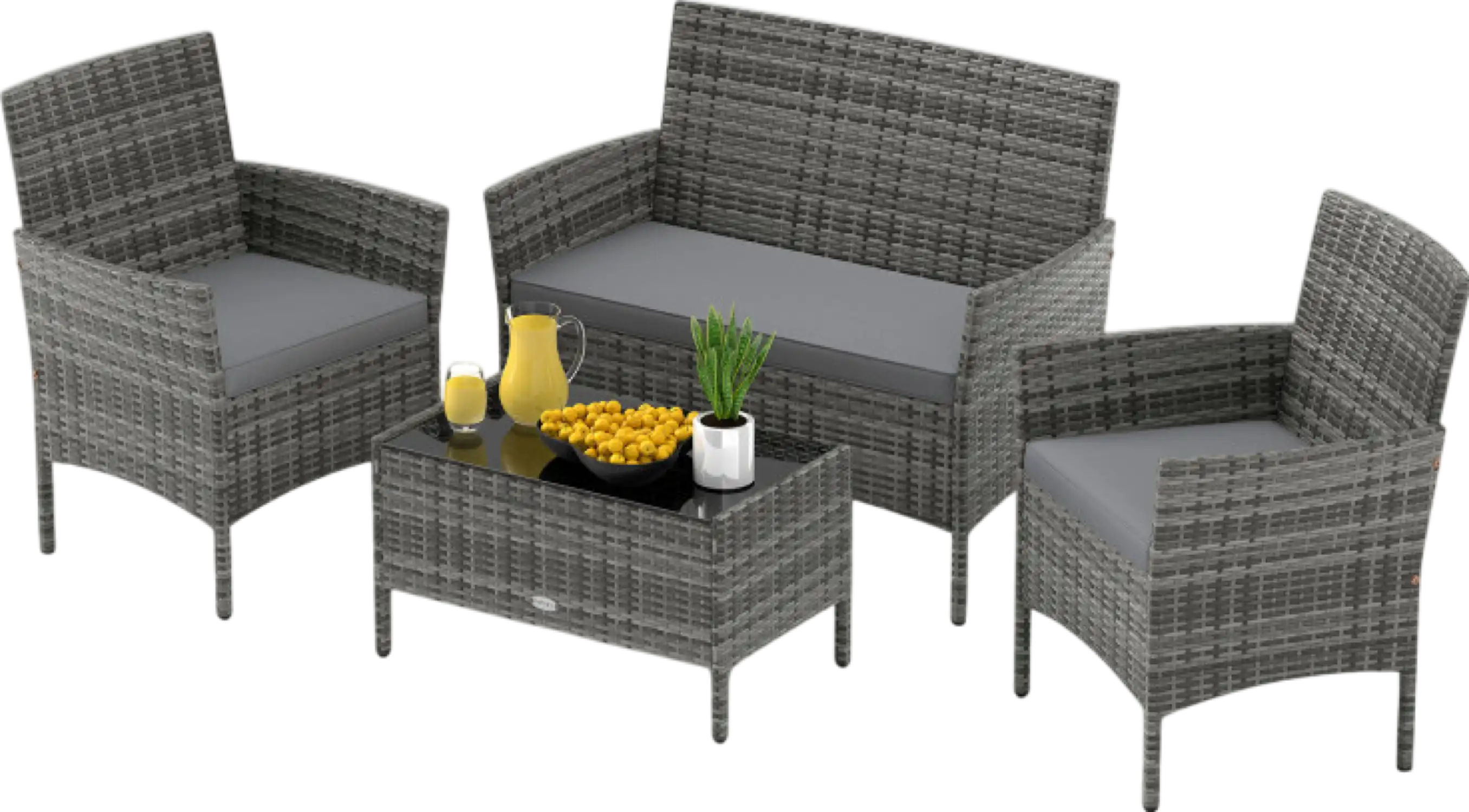 Costway Patio Furniture 4 PCS Rattan Set with Cozy Cushions and Tempered Glass Coffee Table New