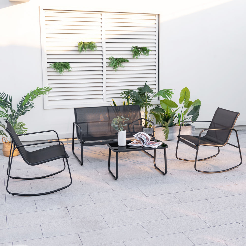 4 Piece Patio Rocking Set with Glass-Top Table-Black - Gallery View 1 of 10