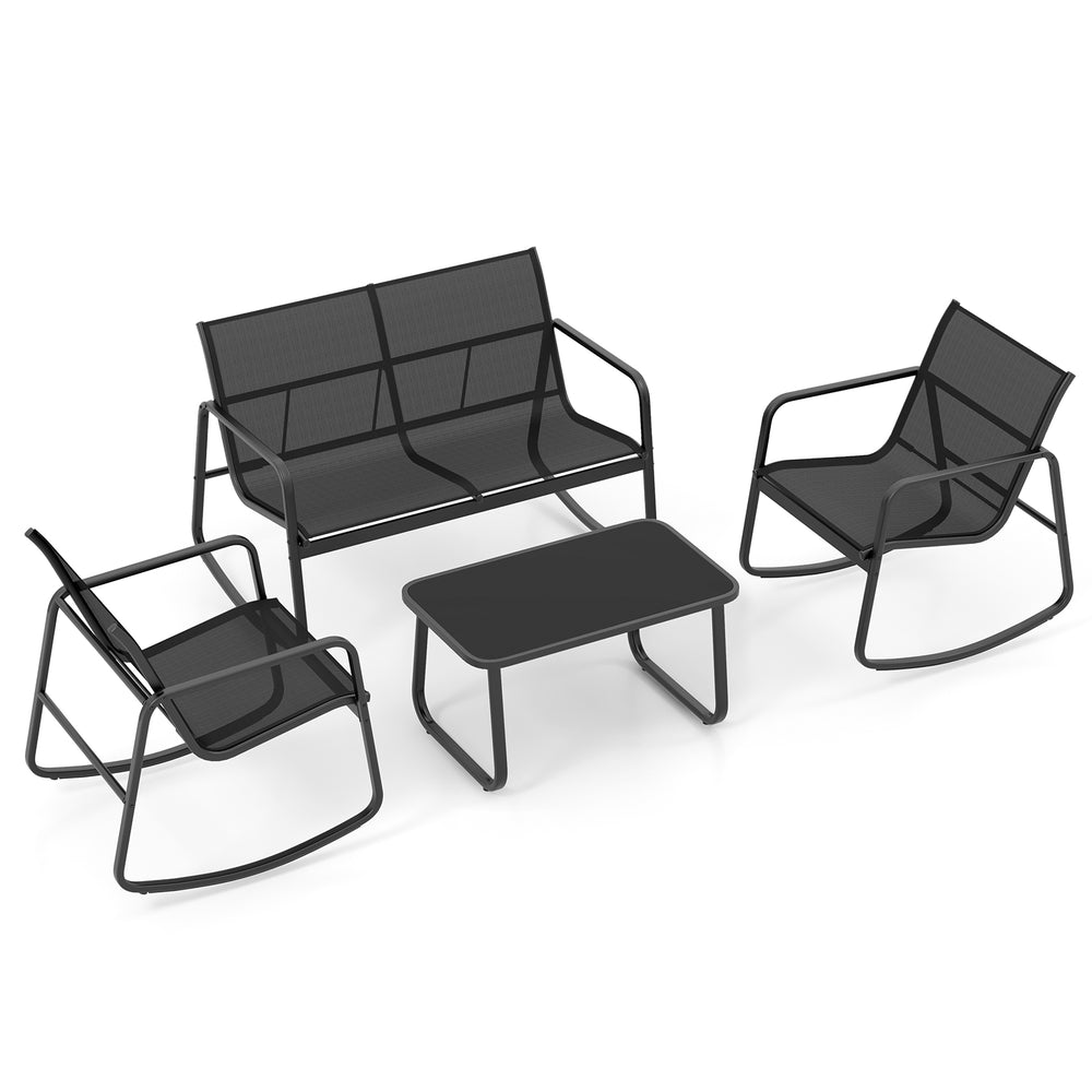 4-piece black patio rocking set featuring a glass-top table, curved seats, and non-slip pads for stability.