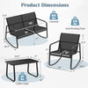 Dimensions of the 4 Piece Patio Rocking Set with Glass-Top Table, featuring a black metal frame and adjustable footpads.