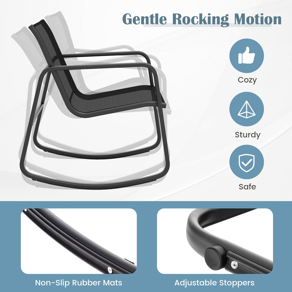 Curved seat and back of the black patio rocking chair set with non-slip pads for stable, relaxing outdoor use.