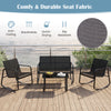 4-piece patio rocking set featuring a glass-top table, breathable fabric, and sturdy black metal frame for outdoor.
