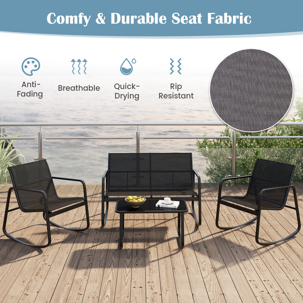 4-piece patio rocking set featuring a glass-top table, breathable fabric, and sturdy black metal frame for outdoor.