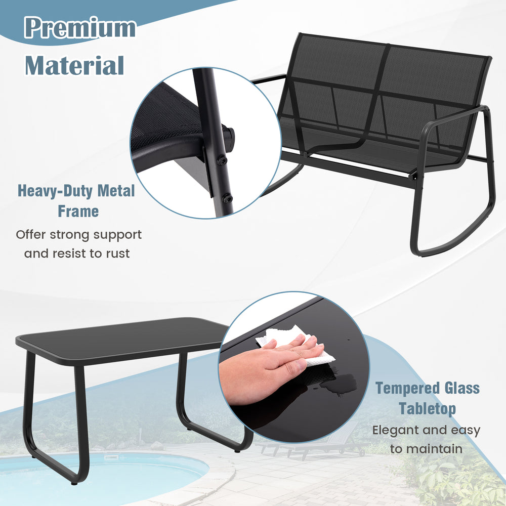 4-piece patio rocking set featuring a tempered glass tabletop and heavy-duty metal frame, perfect for backyard.