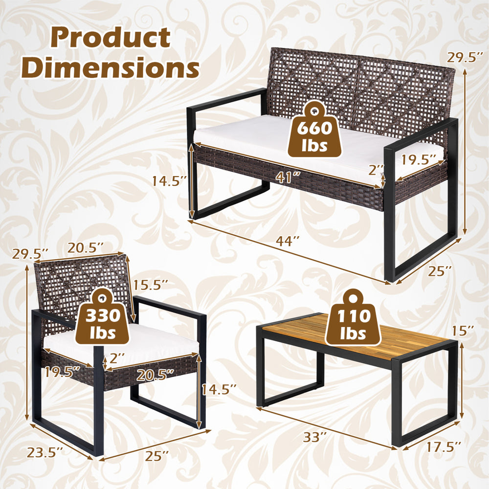 Dimensions of the 4-piece patio set featuring wicker chairs and acacia coffee table for backyard use.